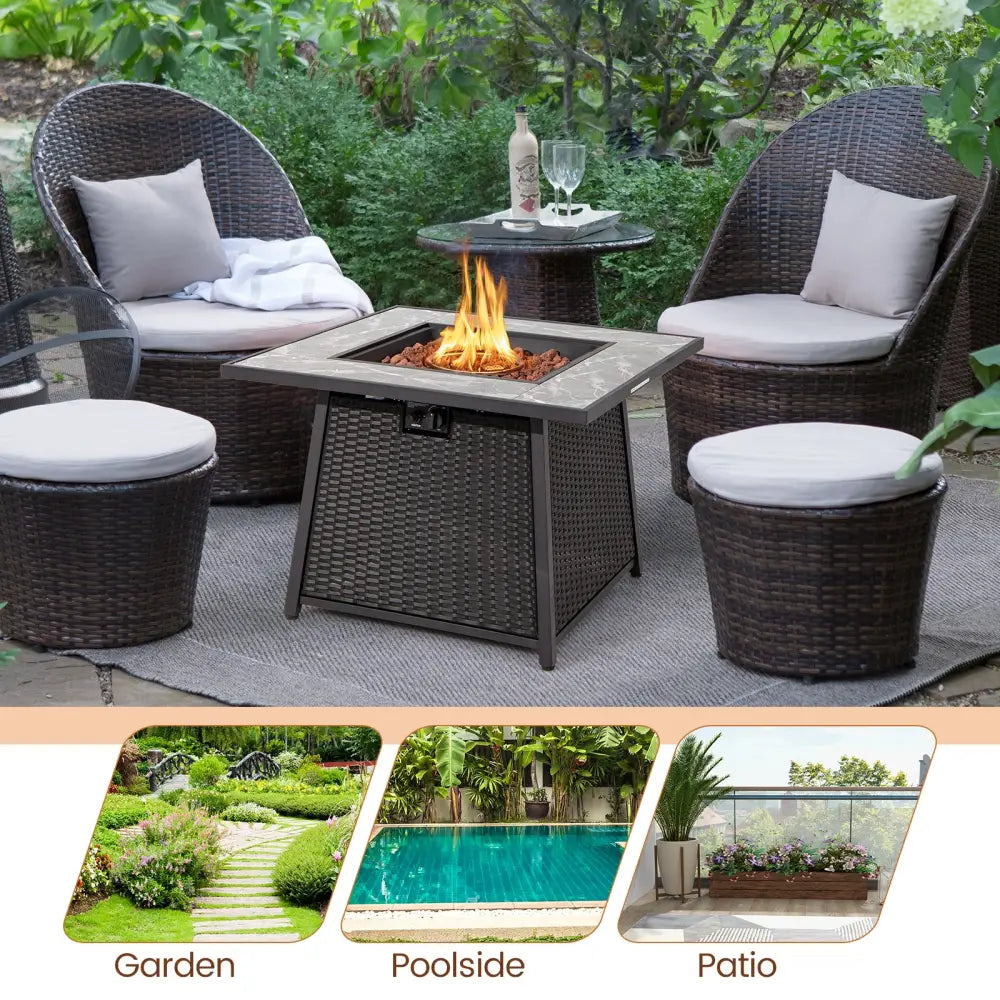 35 Inch Propane Gas Fire Pit Table Wicker Rattan with Lava Rocks PVC Cover-Black - Black - Fire Pit Tables