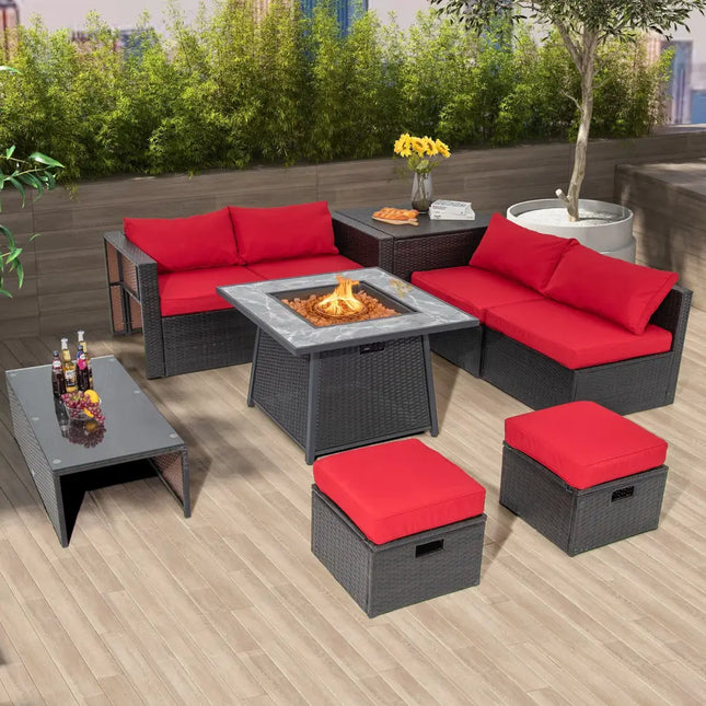 35 Inch Propane Gas Fire Pit Table Wicker Rattan with Lava Rocks PVC Cover-Black - Black - Fire Pit Tables