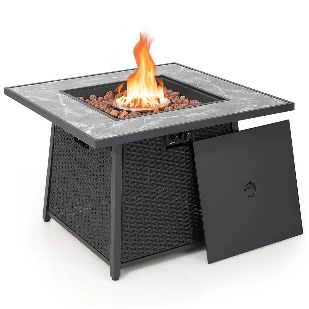 35 Inch Propane Gas Fire Pit Table Wicker Rattan with Lava Rocks PVC Cover-Black - Black - Fire Pit Tables