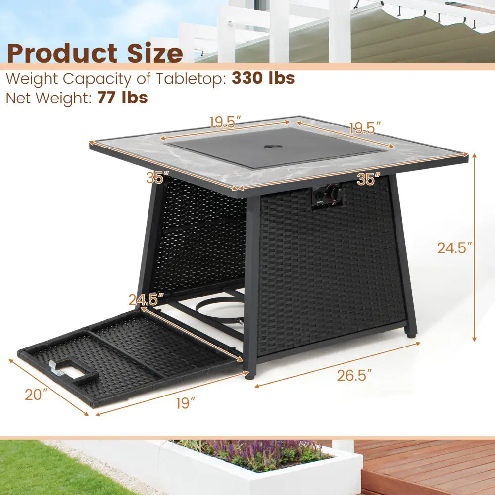 35 Inch Propane Gas Fire Pit Table Wicker Rattan with Lava Rocks PVC Cover-Black - Black - Fire Pit Tables
