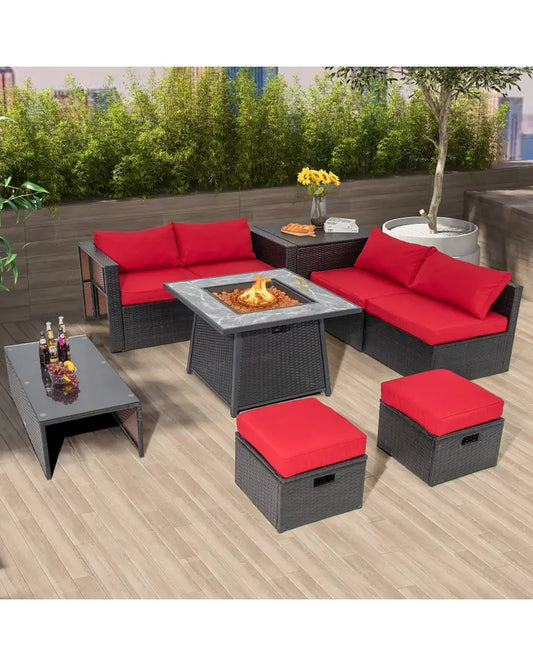 35 Inch Propane Gas Fire Pit Table Wicker Rattan with Lava Rocks PVC Cover-Black - Black - Fire Pit Tables