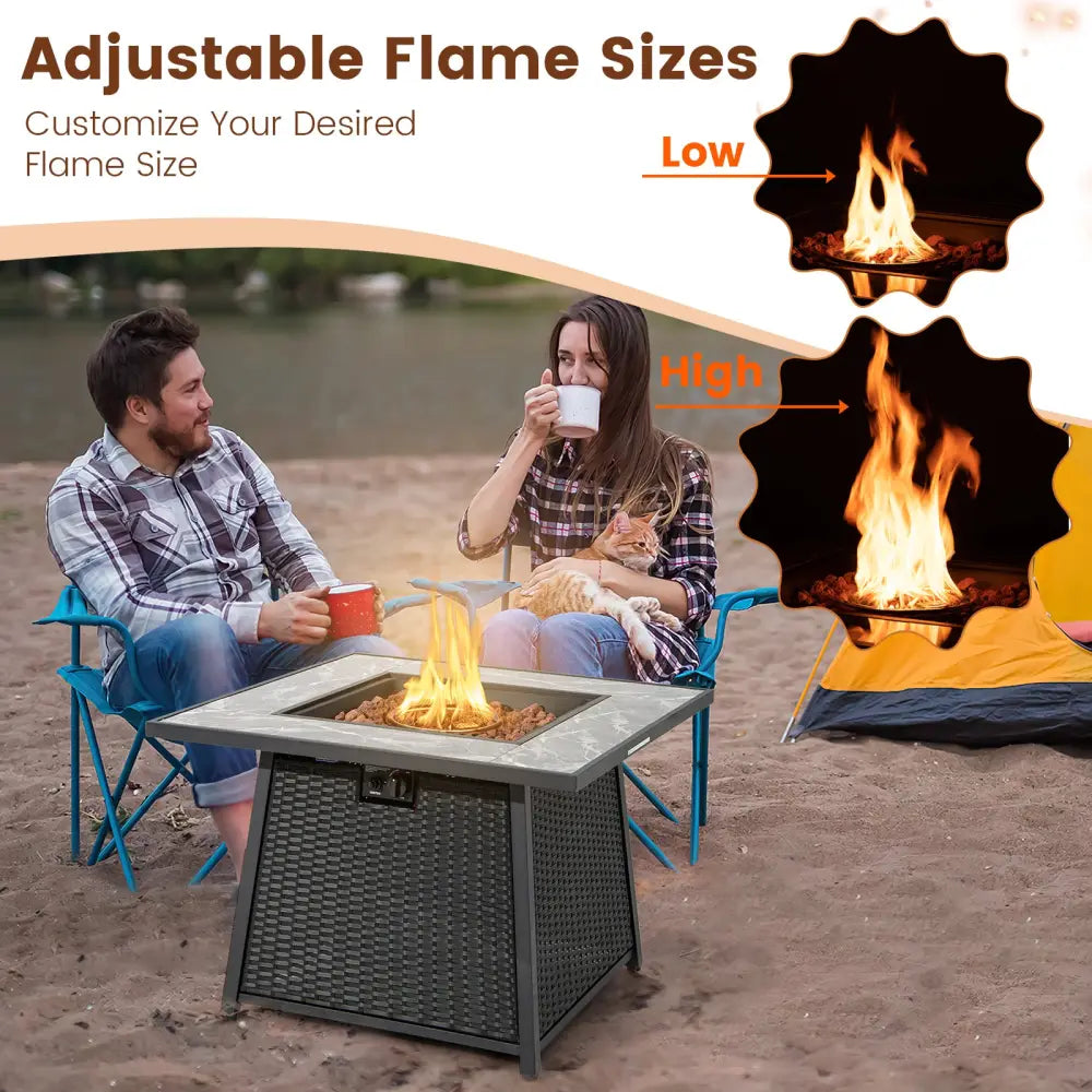 35 Inch Propane Gas Fire Pit Table Wicker Rattan with Lava Rocks PVC Cover-Black - Black - Fire Pit Tables