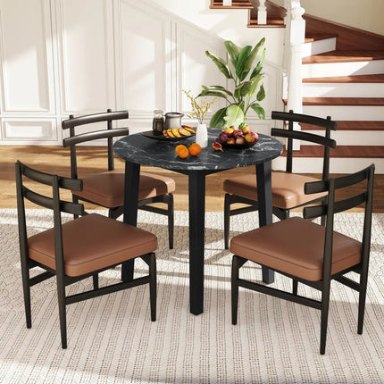 35 Inch Round Dining Table with Rubber Wood Legs and Marble-textured Veneer Tabletop-Black Costway