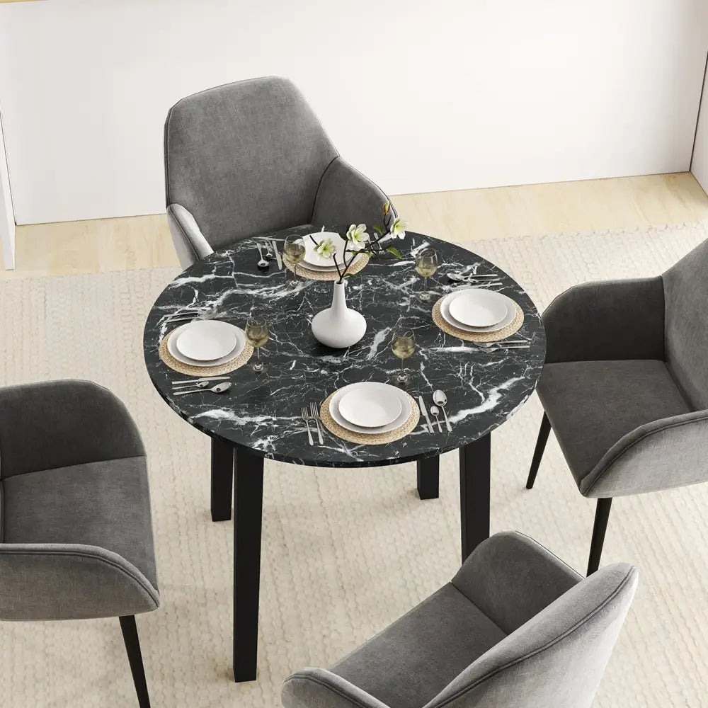 35 Inch Round Dining Table with Rubber Wood Legs and Marble-textured Veneer Tabletop-Black - Black - Dining Tables