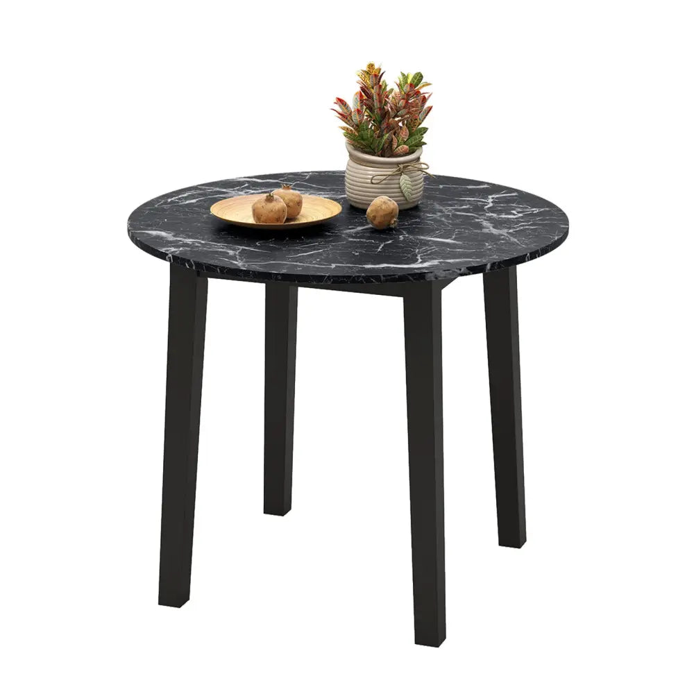 35 Inch Round Dining Table with Rubber Wood Legs and Marble-textured Veneer Tabletop-Black - Black - Dining Tables