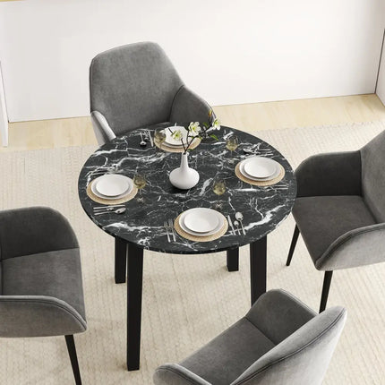 35 Inch Round Dining Table with Rubber Wood Legs and Marble-textured Veneer Tabletop-Black Costway