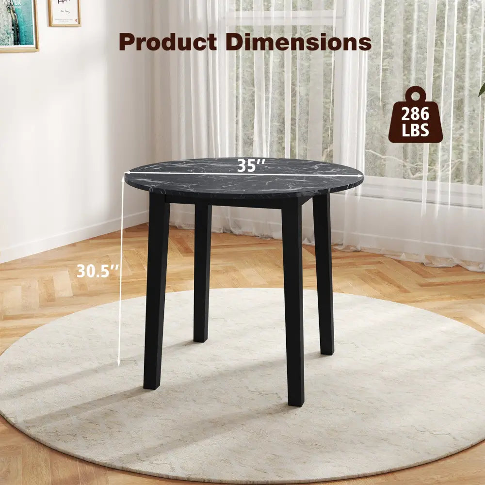 35 Inch Round Dining Table with Rubber Wood Legs and Marble-textured Veneer Tabletop-Black - Black - Dining Tables