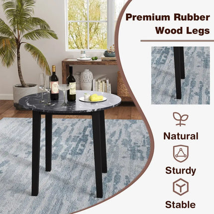 35 Inch Round Dining Table with Rubber Wood Legs and Marble-textured Veneer Tabletop-Black Costway