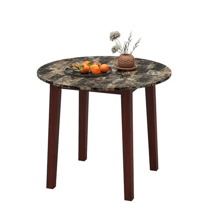 35 Inch Round Dining Table with Rubber Wood Legs and Marble-textured Veneer Tabletop-Brown Costway