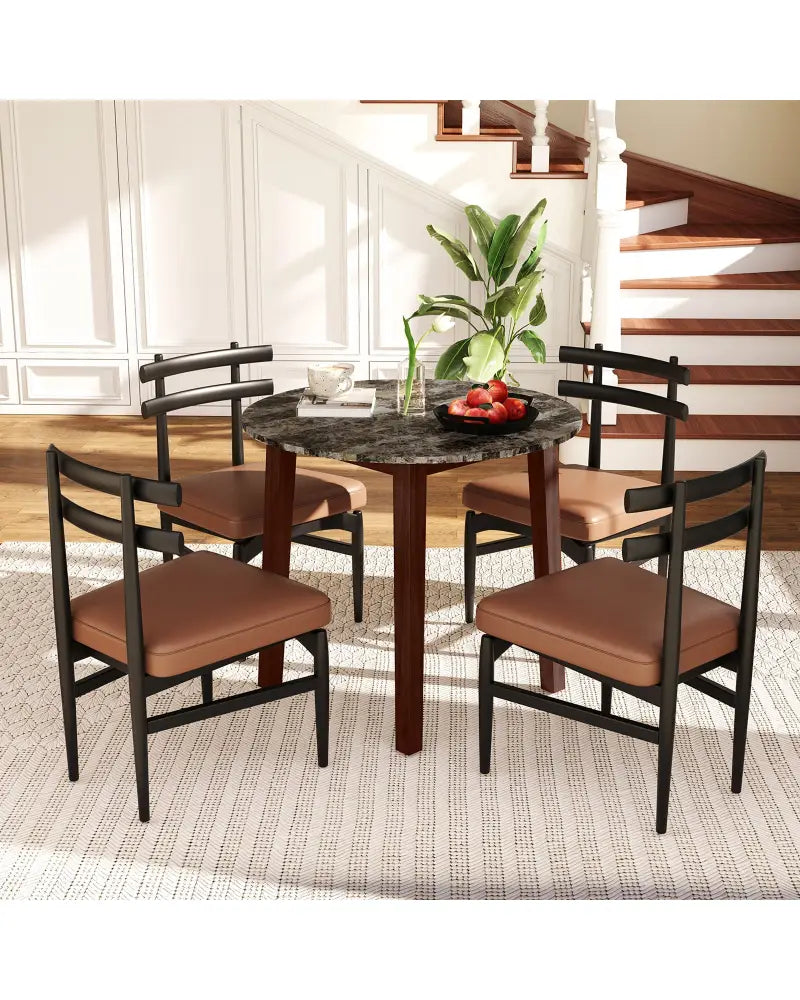 35 Inch Round Dining Table with Rubber Wood Legs and Marble-textured Veneer Tabletop-Brown - Brown - Dining Tables