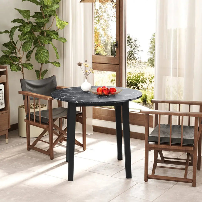 35 Inch Round Dining Table with Rubber Wood Legs and Marble-textured Veneer Tabletop-Black Costway