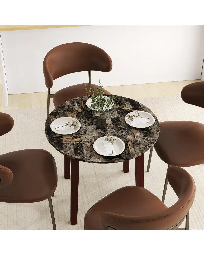 35 Inch Round Dining Table with Rubber Wood Legs and Marble-textured Veneer Tabletop-Brown - Brown - Dining Tables