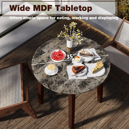 35 Inch Round Dining Table with Rubber Wood Legs and Marble-textured Veneer Tabletop-Brown Costway