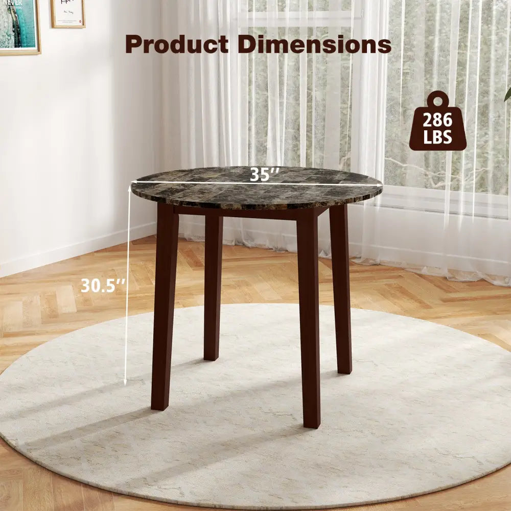 35 Inch Round Dining Table with Rubber Wood Legs and Marble-textured Veneer Tabletop-Brown - Brown - Dining Tables