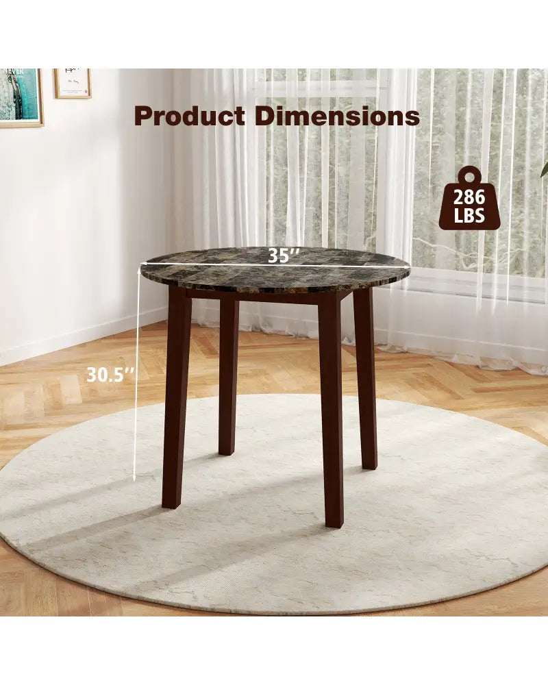 35 Inch Round Dining Table with Rubber Wood Legs and Marble-textured Veneer Tabletop-Brown - Brown - Dining Tables
