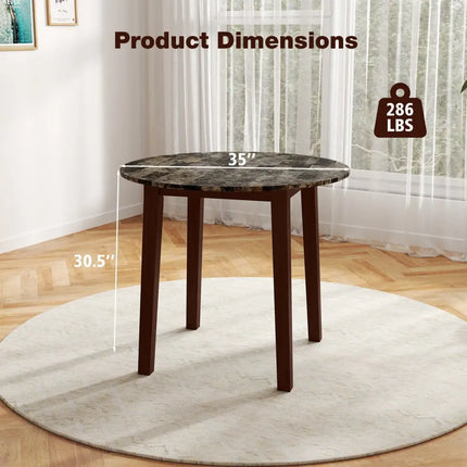 35 Inch Round Dining Table with Rubber Wood Legs and Marble-textured Veneer Tabletop-Brown Costway