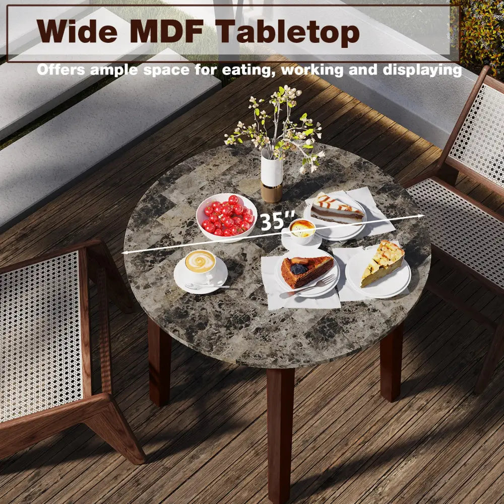 35 Inch Round Dining Table with Rubber Wood Legs and Marble-textured Veneer Tabletop-Brown - Brown - Dining Tables