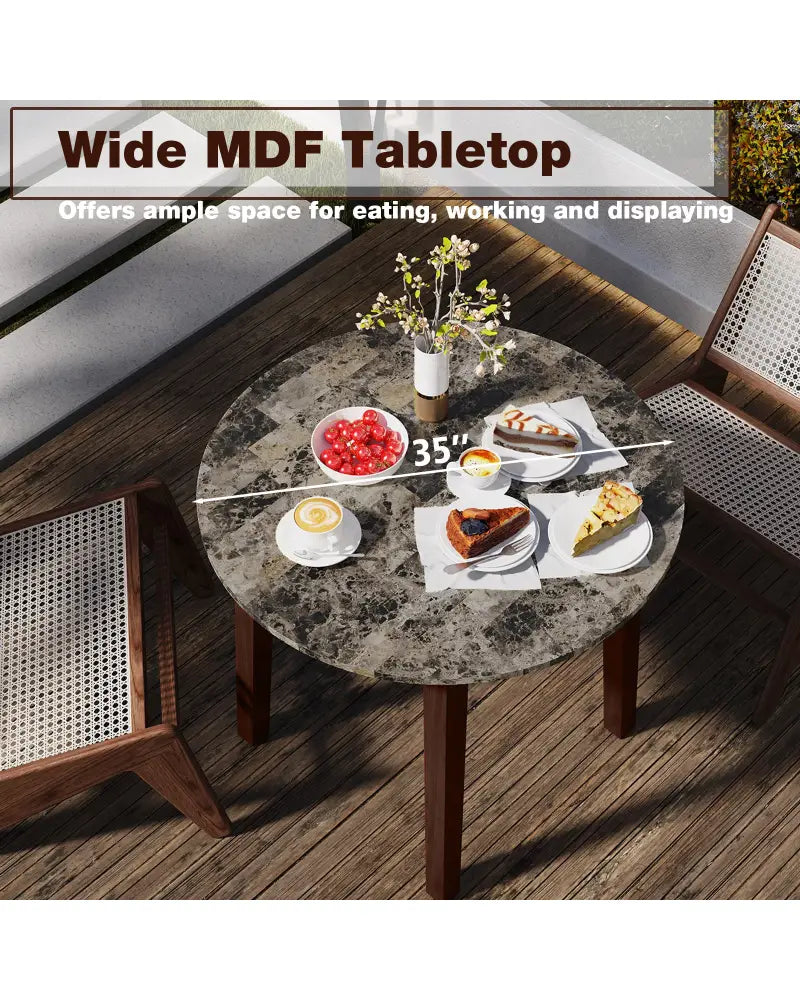 35 Inch Round Dining Table with Rubber Wood Legs and Marble-textured Veneer Tabletop-Brown - Brown - Dining Tables