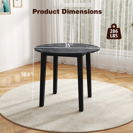 35 Inch Round Dining Table with Rubber Wood Legs and Marble-textured Veneer Tabletop-Black Costway