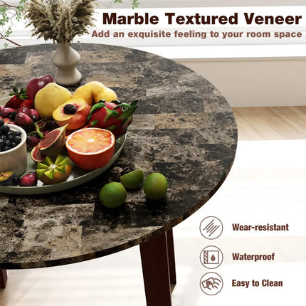 35 Inch Round Dining Table with Rubber Wood Legs and Marble-textured Veneer Tabletop-Brown Costway