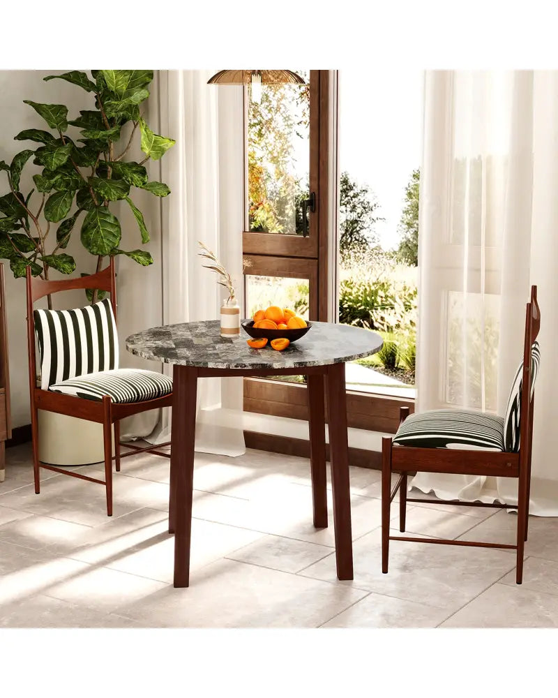 35 Inch Round Dining Table with Rubber Wood Legs and Marble-textured Veneer Tabletop-Brown - Brown - Dining Tables