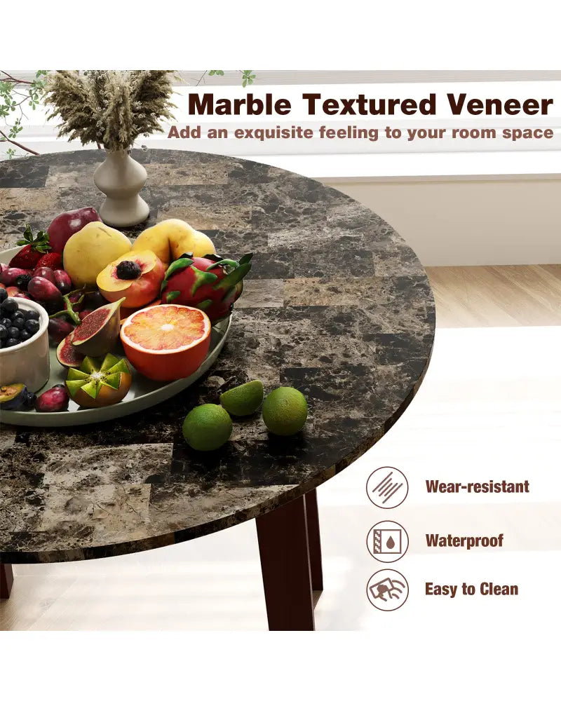 35 Inch Round Dining Table with Rubber Wood Legs and Marble-textured Veneer Tabletop-Brown - Brown - Dining Tables