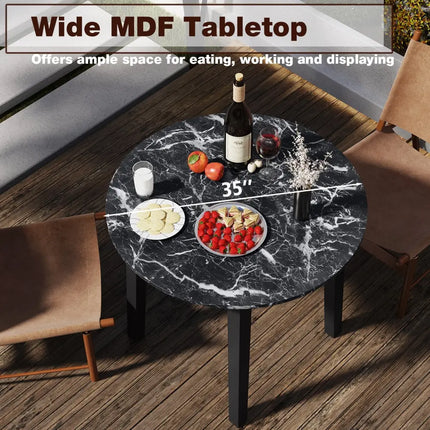 35 Inch Round Dining Table with Rubber Wood Legs and Marble-textured Veneer Tabletop-Black Costway