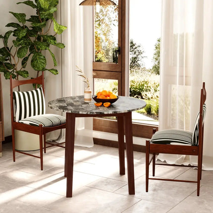 35 Inch Round Dining Table with Rubber Wood Legs and Marble-textured Veneer Tabletop-Brown Costway