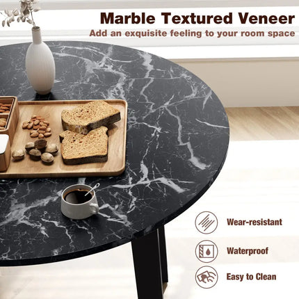 35 Inch Round Dining Table with Rubber Wood Legs and Marble-textured Veneer Tabletop-Black Costway