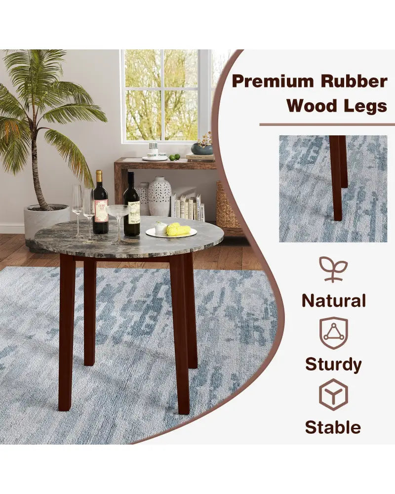 35 Inch Round Dining Table with Rubber Wood Legs and Marble-textured Veneer Tabletop-Brown - Brown - Dining Tables