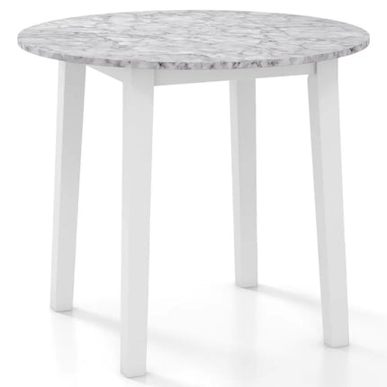 35 Inch Round Dining Table with Rubber Wood Legs and Marble-textured Veneer Tabletop-White Costway