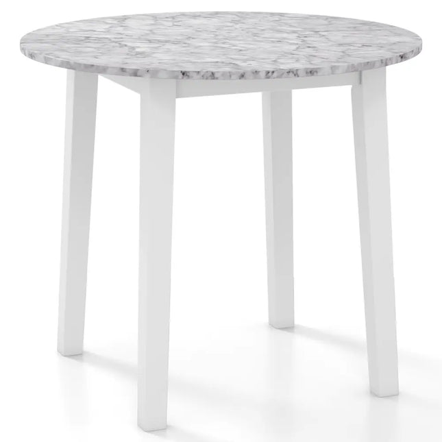 35 Inch Round Dining Table with Rubber Wood Legs and Marble-textured Veneer Tabletop-White Costway