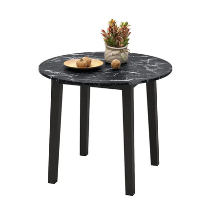 35 Inch Round Dining Table with Rubber Wood Legs and Marble-textured Veneer Tabletop-Black Costway