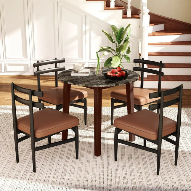 35 Inch Round Dining Table with Rubber Wood Legs and Marble-textured Veneer Tabletop-Brown Costway