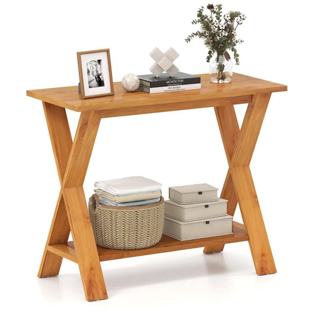35 Inch Solid Teak Wood Console Table with Storage Shelf - Teak - Console Tables