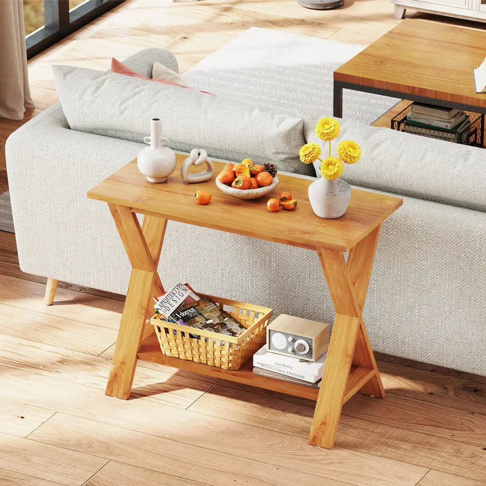35 Inch Solid Teak Wood Console Table with Storage Shelf - Teak - Console Tables