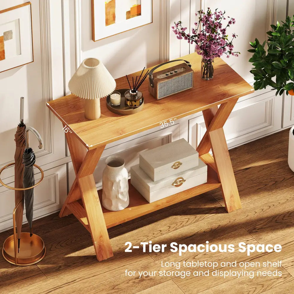 35 Inch Solid Teak Wood Console Table with Storage Shelf - Teak - Console Tables
