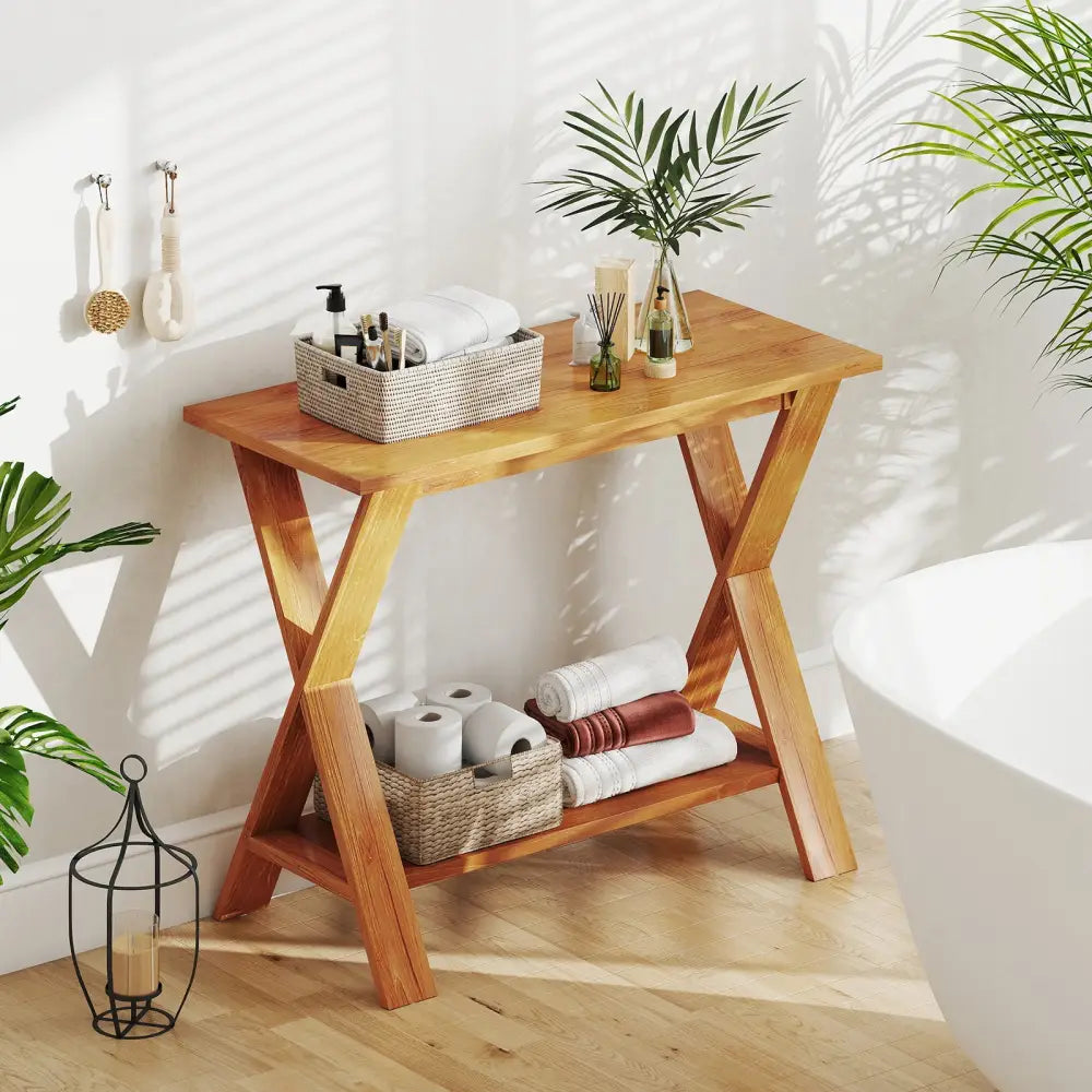 35 Inch Solid Teak Wood Console Table with Storage Shelf - Teak - Console Tables