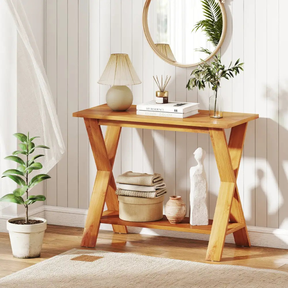 35 Inch Solid Teak Wood Console Table with Storage Shelf - Teak - Console Tables