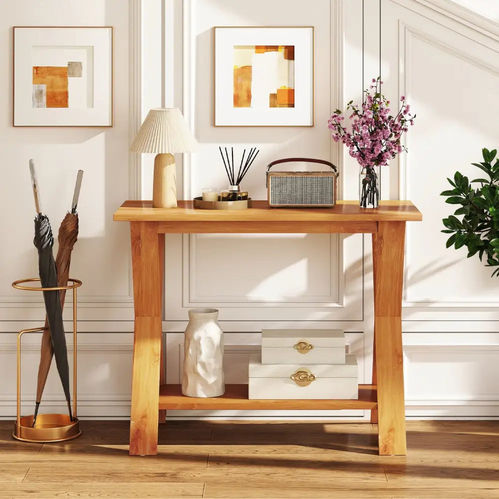 35 Inch Solid Teak Wood Console Table with Storage Shelf - Teak - Console Tables