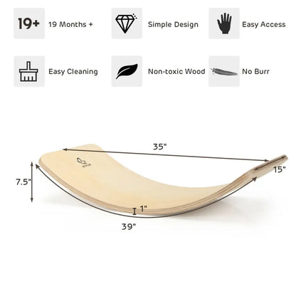 35 Inch Wooden Wobble Balance Board Kids Rocker Yoga Curvy Board Toy with Felt Layer-Natural - Natural - Toy Sports