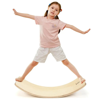 35 Inch Wooden Wobble Balance Board Kids Rocker Yoga Curvy Board Toy with Felt Layer-Natural - Natural - Toy Sports