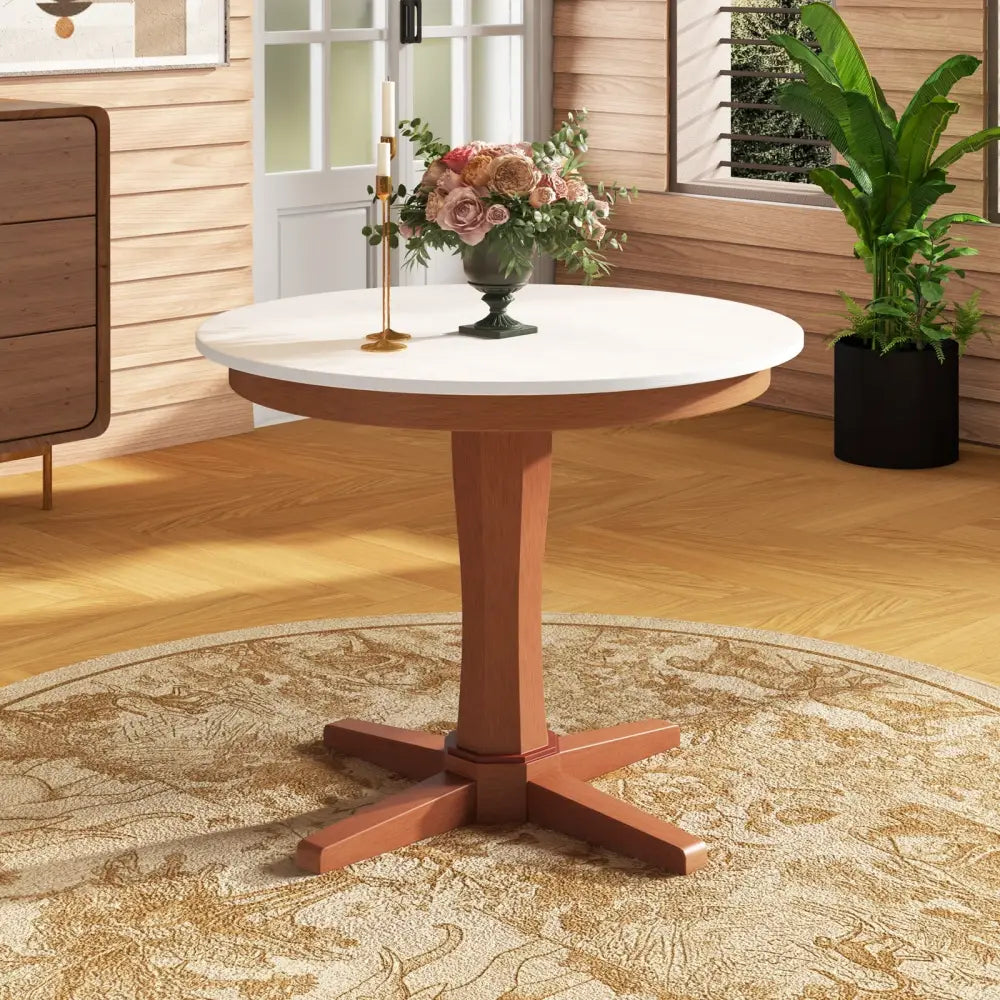 35 Inches Wooden Round Dining Table with Pedestal Base-White - White - Dining Tables