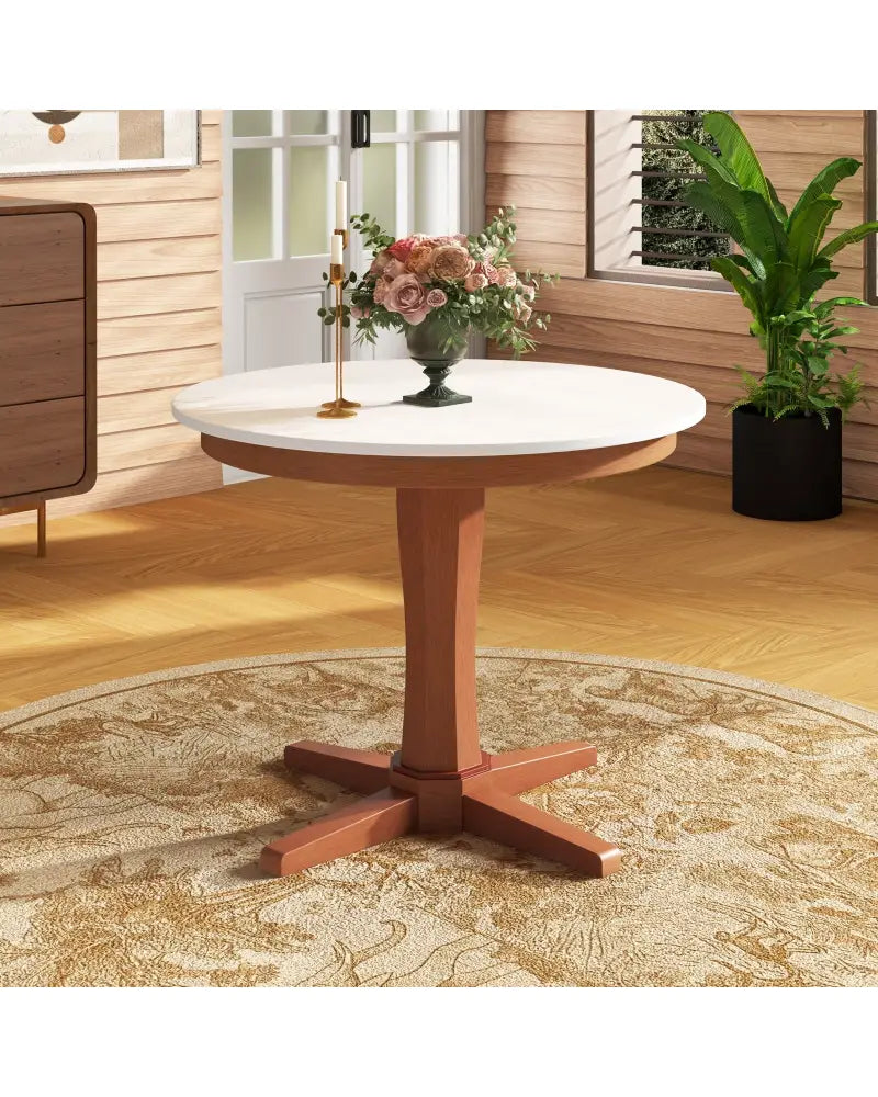 35 Inches Wooden Round Dining Table with Pedestal Base-White - White - Dining Tables