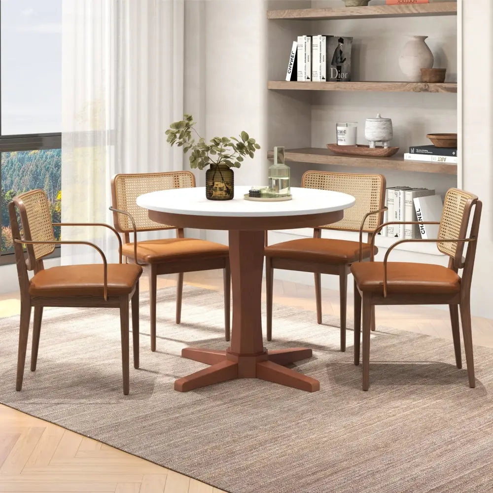 35 Inches Wooden Round Dining Table with Pedestal Base-White - White - Dining Tables