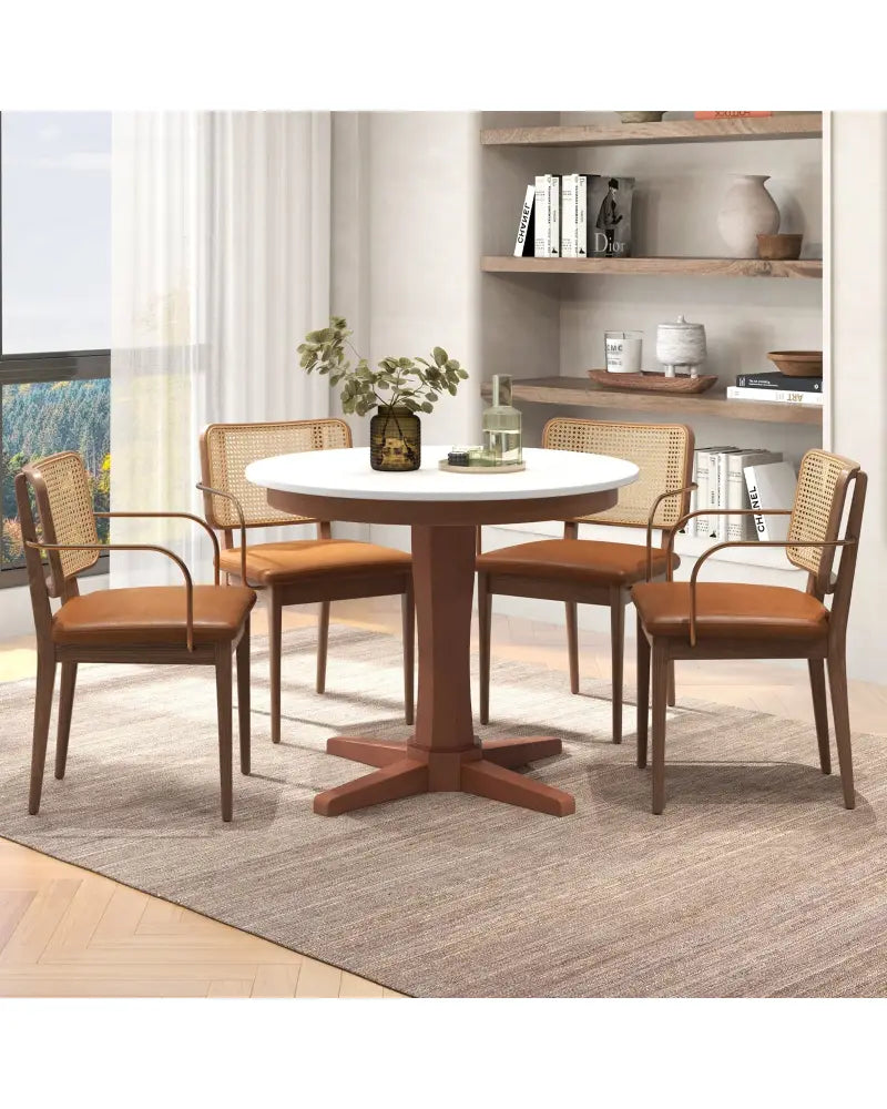 35 Inches Wooden Round Dining Table with Pedestal Base-White - White - Dining Tables