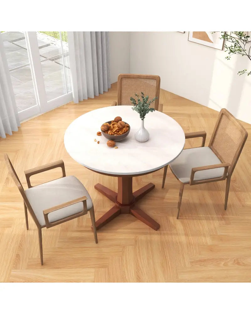 35 Inches Wooden Round Dining Table with Pedestal Base-White - White - Dining Tables
