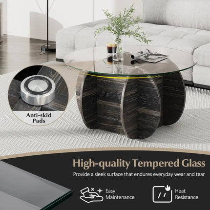 35" Round Coffee Table Unique Circle Center Table with Tempered Glass Top and Solid Wood Base-Black Costway