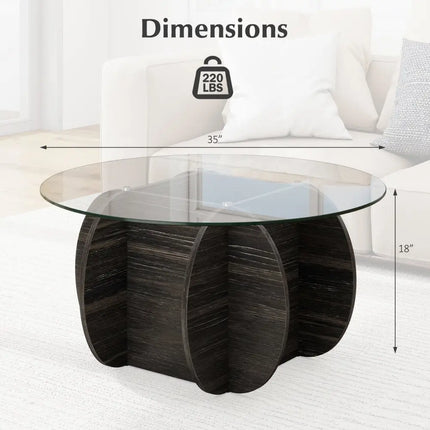 35" Round Coffee Table Unique Circle Center Table with Tempered Glass Top and Solid Wood Base-Black Costway