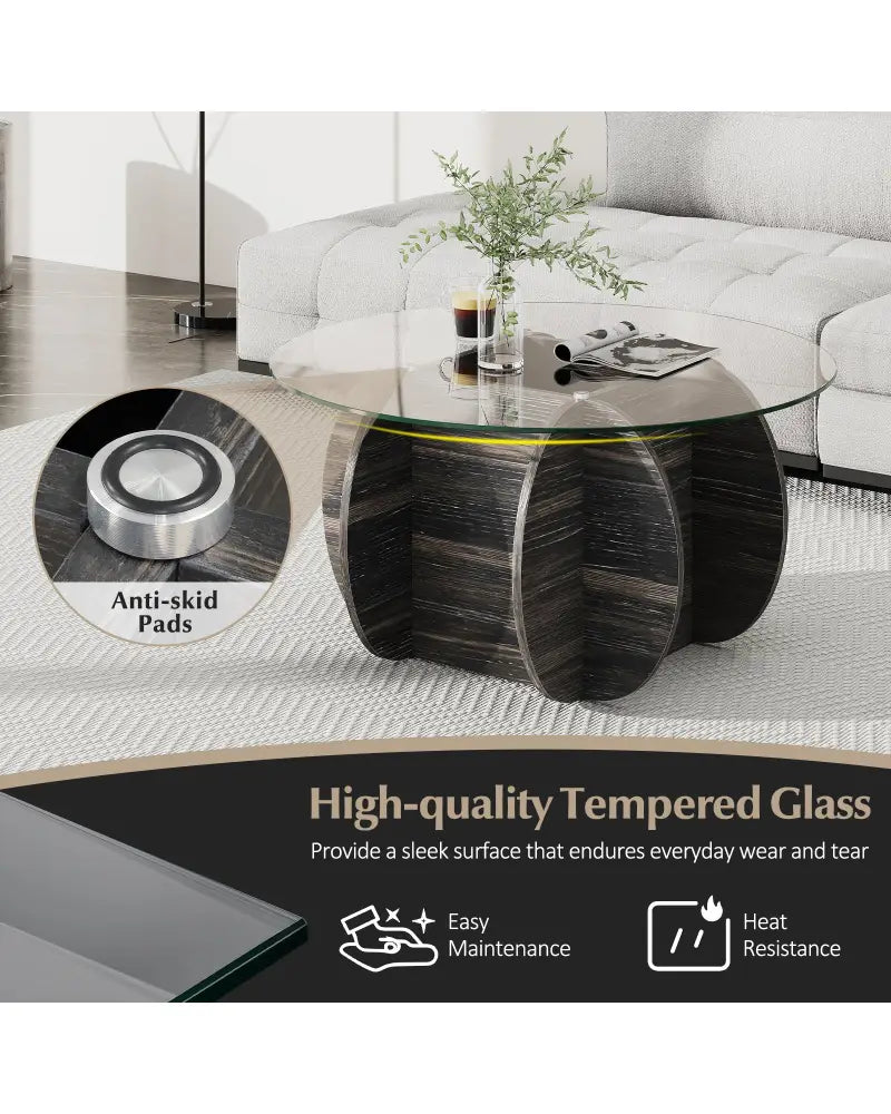 35’’ Round Coffee Table Unique Circle Center Table with Tempered Glass Top and Solid Wood Base-Black - Black - Coffee